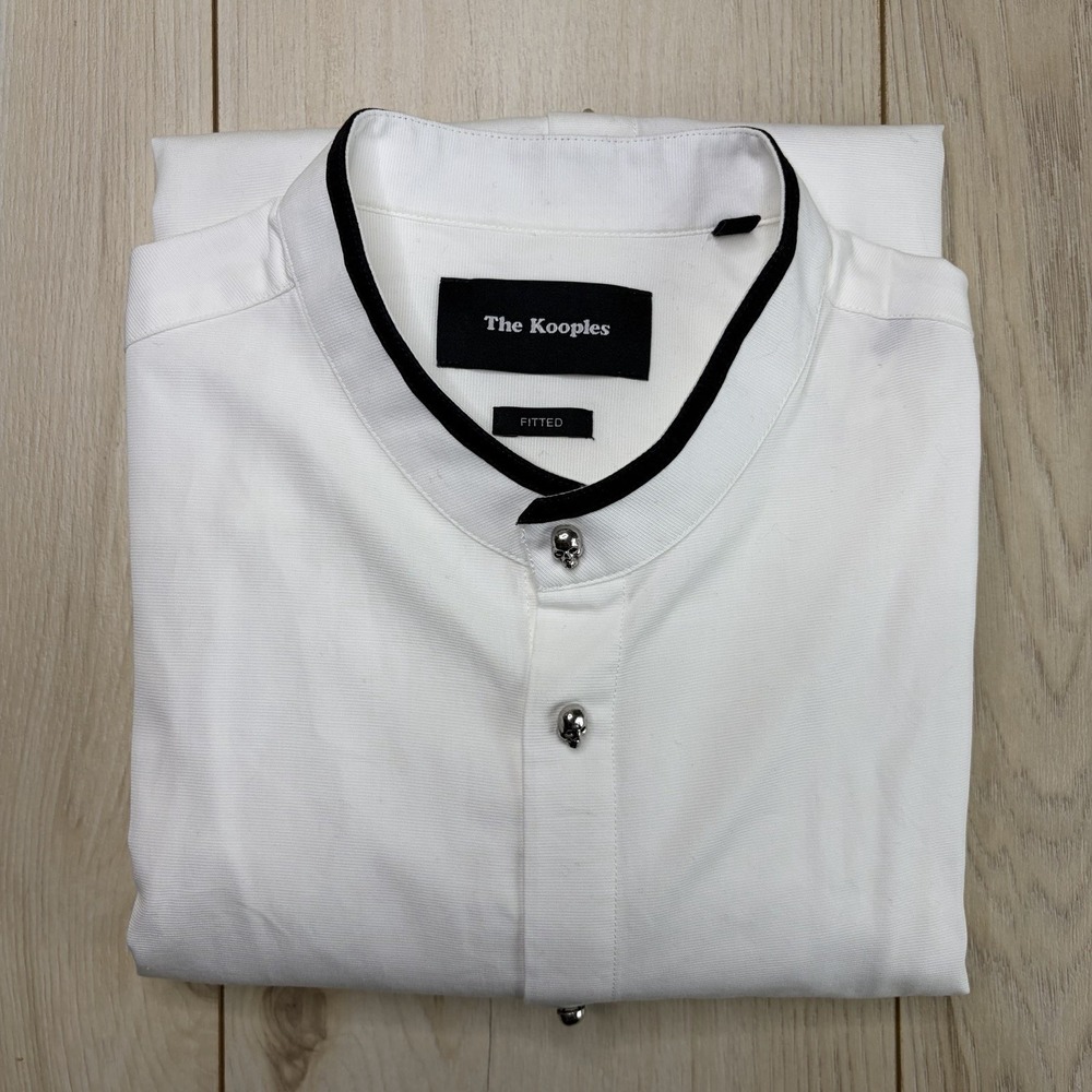 The Kooples Mens Small Fitted Metal Skull Snap Shirt Oriental Collar White
